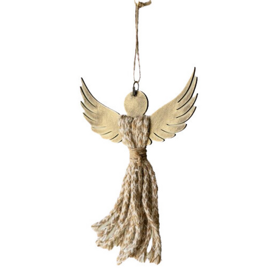 Antiqued Wood and Jute Angel Ornament