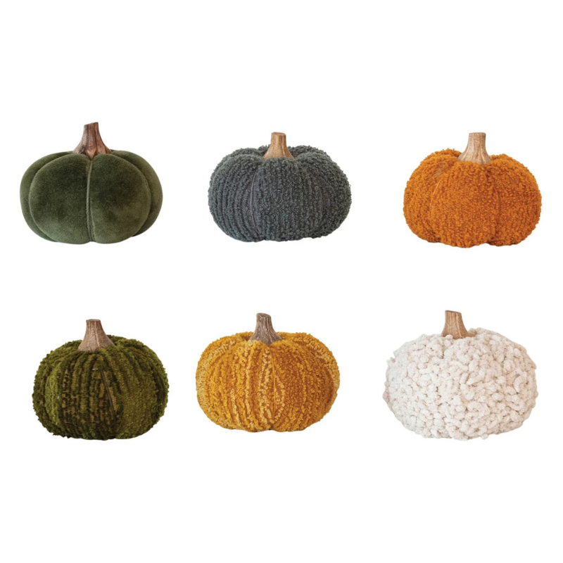 Cotton Blend Boucle/Velvet Pumpkin with Wood Stem