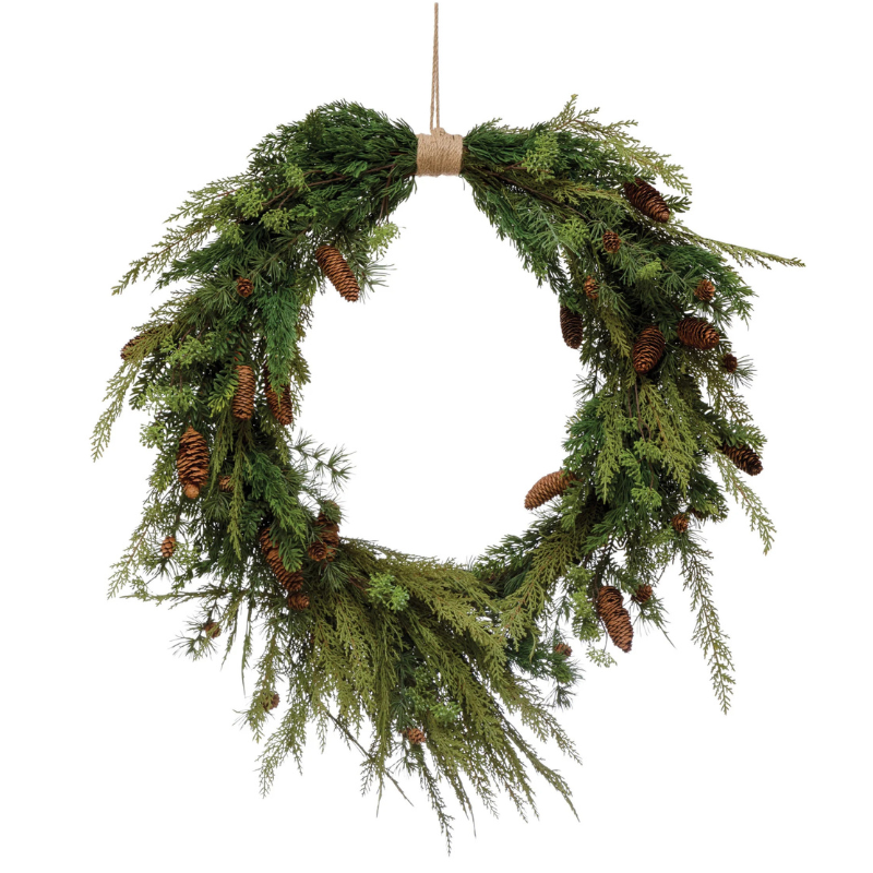 Faux Pine Wreath with Pinecones and Jute Hanger