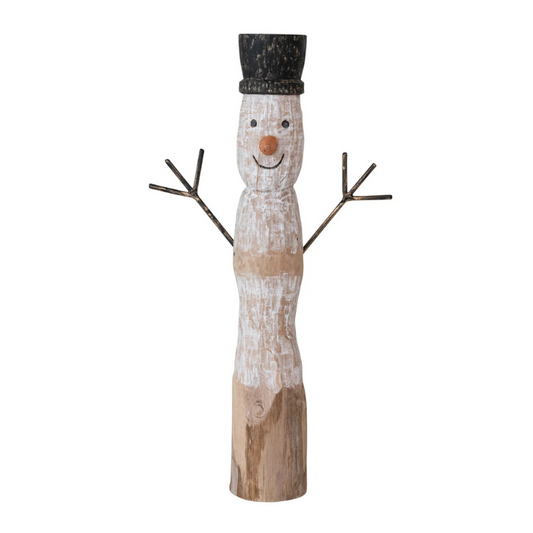 Hand Carved Mango Wood and Metal Snowman